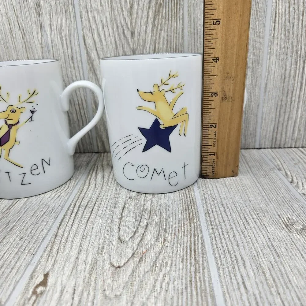 Pottery Barn Reindeer Mugs Set of 4 Comet Cupid Double Blitzen Christmas‎ Boxed